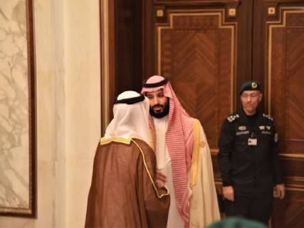 (181209) -- RIYADH, Dec. 9, 2018 -- Saudi Crown Prince Mohammed bin Salman (C) talks with a guest during the 39th Gulf Cooperation Council (GCC) summit in Riyadh, Saudi Arabia, on Dec. 9, 2018. The 39th Gulf Cooperation Council (GCC) summit kicked off on Sunday in Riyadh. The one-day annual summit is expected to discuss regional and international issues to promote political, defense, economic and legislative integration and cooperation among GCC member states, Saudi Press Agency (SPA) reported. ) SAUDI ARABIA-RIYADH-GCC SUMMIT TuxYifan 