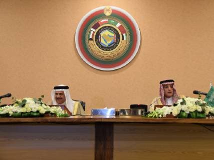 (181209) -- RIYADH, Dec. 9, 2018 -- Secretary General of the Gulf Cooperation Council (GCC) Abdul Latif bin Rashid Al Zayani (L) and Saudi Arabian Foreign Minister Adel al-Jubeir attend a press conference in Riyadh, Saudi Arabia, on Dec. 9, 2018. Saudi Arabian Foreign Minister Adel al-Jubeir asserted on Sunday that the action against Qatar aims to change its policy, Al Arabiya TV reported. Al-Jubeir told a press conference after the end of the 39th Summit of the Gulf Cooperation Council (GCC) in Riyadh. ) SAUDI ARABIA-RIYADH-GCC SUMMIT-PRESS CONFERENCE TuxYifan 
