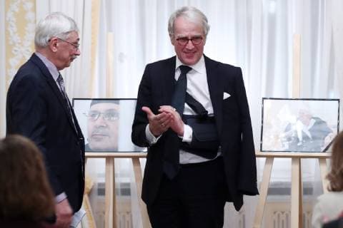 MOSCOW, RUSSIA – DECEMBER 11, 2018: Oleg Orlov (L), president of the Memorial human rights centre council, and Germany s Ambassador to Russia Ruediger von Fritsch at a ceremony to award human rights activist Oyub Titiyev the Franco-German Prize for Human Rights and the Rule of Law, at the residence of the German Ambassador to Moscow. As Oyub Titiyev, head of the Grozny office of the Memorial human rights centre, charged with possession of marijuana, has been under arrest since 11 January 2018, he could not attend the ceremony. Starting from 2016, France and Germany have been awarding the prize to committed human rights defenders. Stanislav Krasilnikov TASS TS09AD9C