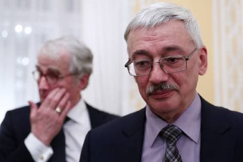MOSCOW, RUSSIA – DECEMBER 11, 2018: Oleg Orlov (R), president of the Memorial human rights centre council, and Germany s Ambassador to Russia Ruediger von Fritsch at a ceremony to award human rights activist Oyub Titiyev the Franco-German Prize for Human Rights and the Rule of Law, at the residence of the German Ambassador to Moscow. As Oyub Titiyev, head of the Grozny office of the Memorial human rights centre, charged with possession of marijuana, has been under arrest since 11 January 2018, he could not attend the ceremony. Starting from 2016, France and Germany have been awarding the prize to committed human rights defenders. Stanislav Krasilnikov TASS TS09ADAE
