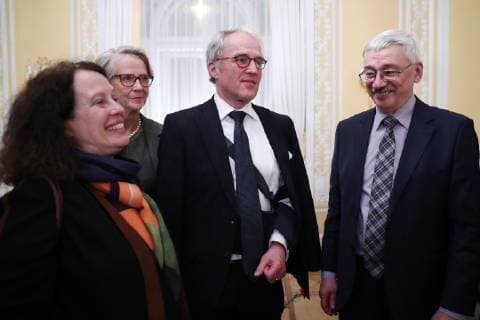 MOSCOW, RUSSIA – DECEMBER 11, 2018: France s Ambassador to Russia Sylvie Bermann (L), Germany s Ambassador to Russia Ruediger von Fritsch (C), his wife Huberta (2nd L), and Oleg Orlov (R), president of the Memorial human rights centre council, at a ceremony to award human rights activist Oyub Titiyev the Franco-German Prize for Human Rights and the Rule of Law, at the residence of the German Ambassador to Moscow. As Oyub Titiyev, head of the Grozny office of the Memorial human rights centre, charged with possession of marijuana, has been under arrest since 11 January 2018, he could not attend the ceremony. Starting from 2016, France and Germany have been awarding the prize to committed human rights defenders. Stanislav Krasilnikov TASS TS09ADAF