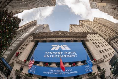 First day of trading for Tencent Music Entertainment New York, NY USA- December 12, 2018 The New York Stock Exchange is decorated for the first day of trading for the Chinese music-streaming platform Tencent Music Entertainment. Tencent is the largest music-streaming service in China. (  RichardxB.xLevine