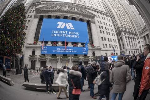 First day of trading for Tencent Music Entertainment New York, NY USA- December 12, 2018 The New York Stock Exchange is decorated for the first day of trading for the Chinese music-streaming platform Tencent Music Entertainment. Tencent is the largest music-streaming service in China. (  RichardxB.xLevine