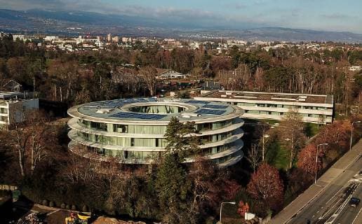 GENEVA, SWITZERLAND - DECEMBER 12, 2018: An aerial view of the UEFA buildings. Valery Sharifulin TASS  TS09B1A9