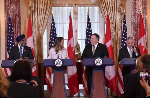 December 14, 2018 - Washington, DC, United States of America - U.S. Secretary of State Mike Pompeo, and U.S. Defense Secretary Jim Mattis, right, during a joint press conference with Canadian Minister of Defense Harjit Sajjan and Canadian Foreign Minister Chrystia Freeland, left, following the U.S. †Canada 2+2 Ministerial meeting at the Department of State December 14, 2018 in Washington, D.C. Washington United States of America - ZUMAp138 20181214_zaa_p138_003 Copyright: xMichaelxGrossx