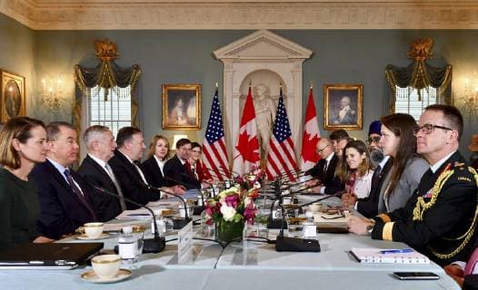 December 14, 2018 - Washington, DC, United States of America - U.S. Secretary of State Mike Pompeo, and U.S. Defense Secretary Jim Mattis, center left, during the U.S. †Canada 2+2 Ministerial meeting with Canadian Minister of Defense Harjit Sajjan and Canadian Foreign Minister Chrystia Freeland, center right, at the Department of State December 14, 2018 in Washington, D.C. Washington United States of America - ZUMAp138 20181214_zaa_p138_005 Copyright: xMichaelxGrossx