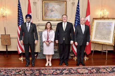 December 14, 2018 - Washington, DC, United States of America - U.S. and Canadian ministers stand together before the start of U.S. Ã¢â‚¬ Canada 2+2 Ministerial meeting at the Department of State December 14, 2018 in Washington, D.C. From left to right are: Canadian Minister of Defense Harjit Sajjan, Canadian Foreign Minister Chrystia Freeland, Secretary of State Mike Pompeo, and U.S. Defense Secretary Jim Mattis. Washington United States of America - ZUMAp138 20181214_zaa_p138_009 Copyright: xMichaelxGrossx