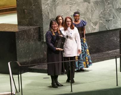 Award ceremony for UN Prize of Human Rights Joenia Wapichana activist for rights of indigenous peoples in Brazil accepts prize at GA commemorative meeting on occasion of 70th anniversary of Universal Declaration of Human Rights at UN Headquarters New York New York United States UN Headquarters  LevxRadin