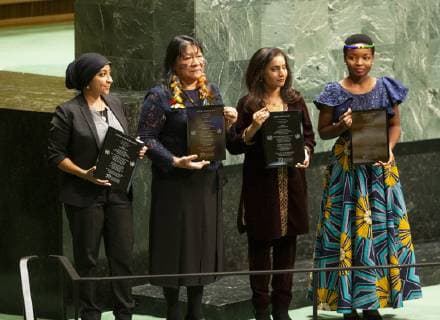 Award ceremony for UN Prize of Human Rights Receipients of UN Human Rights awards pose at GA commemorative meeting on occasion of 70th anniversary of Universal Declaration of Human Rights at UN Headquarters New York New York United States UN Headquarters  LevxRadin