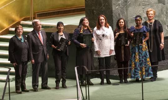 Award ceremony for UN Prize of Human Rights Recipients of prize and UN officials pose at GA commemorative meeting on occasion of 70th anniversary of Universal Declaration of Human Rights at UN Headquarters New York New York United States UN Headquarters  LevxRadin