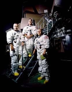 December 21, 2018 - Cape Kennedy, Florida, U.S. - FILE - In August of 1968, three astronauts received a call telling them to cancel their winter holiday plans, they were going to the Moon. Fifty years later we are celebrating the historic mission of Apollo 8. PICTURED: November 22, 1968 - Cape Kennedy, Florida, U.S. - Apollo 8 crew is photographed posing on a Kennedy Space Center (KSC) simulator in their space suits. From left to right are: James A. Lovell Jr., William A. Anders, and Frank Borman. Cape Kennedy U.S. - ZUMAz03_ 20181221_shk_z03_542 Copyright: xNASAx