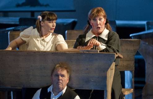 Gun-Brit Barkmin, links, als Elsa von Brabant, Gabriele Schnaut, rechts, als Ortrud und Hans-Joachim Ketelsen als Friedrich von Telramund waehrend der Generalprobe der Wagner-Oper Lohengrin am Dienstag, 15. Dezember 2009, in Leipzig. Die Inszenierung von Peter Konwitschny unter musikalischen Leitung von Ulf Schirmer hat am 18. Dezember 2009 Premiere am Leipziger Opernhaus. ( Eckehard Schulz) ----- Gun-Brit Barkim, left, as Elsa von Brabant, Gabriele Schnaut, right, as Ortrud and Hans-Joachim Ketelsen, in front, as Friedrich von Telramund perform during the final rehearsal of the opera Lohengrin by Richard Wagner at the operahouse in Leipzig, eastern Germany, Tuesday, Dec. 15, 2009. ( Eckehard Schulz) Leipzig DEU *** Gun Brit Barkmin left as Elsa von Brabant Gabriele Schnaut right as Ortrud and Hans Joachim Ketelsen as