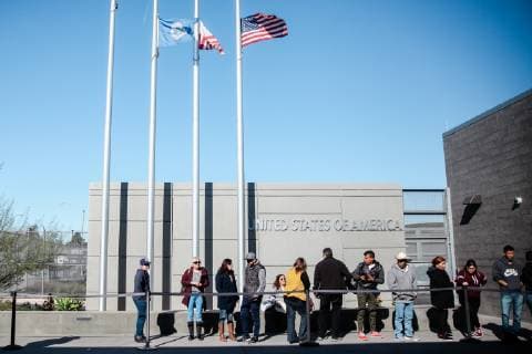 People stand in line at the Port of Entry in San Ysidro, California on December 29, 2018.  SDO2018122908 ARIANAxDREHSLER