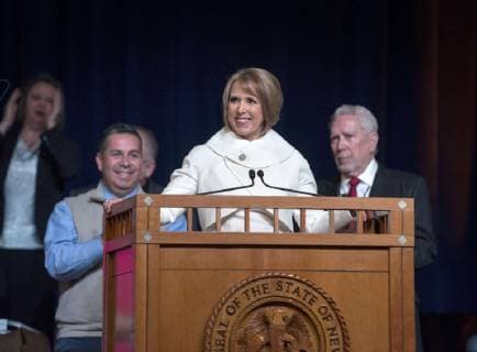 January 1, 2019 - U.S. - New Mexico Governor Michelle Lujan Grisham gives her inaugural address after she received her oath of office during the inaugural ceremony in Santa Fe, Tuesday January 1, 2019. Behind them upper right, is Congressman Ben Ray Lujan, left. U.S. - ZUMAab1_ 20190101_zaf_ab1_013 Copyright: xEddiexMoorex