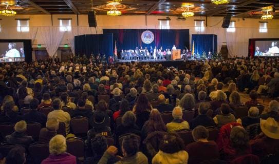 January 1, 2019 - U.S. - Around 1400 people crowded into the Santa Fe Community Convention Center to see the inaugural ceremony for New Mexico Governor Michelle Lujan Grisham and Lt. Gov. Howie Morales in Santa Fe, Tuesday January 1, 2019. U.S. - ZUMAab1_ 20190101_zaf_ab1_030 Copyright: xEddiexMoorex