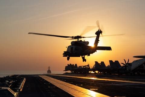 September 10, 2015 - Strait of Hormuz - An MH-60R Sea Hawk helicopter assigned to Helicopter Maritime Strike Squadron (HSM) 71 takes off from the flight deck of the aircraft carrier USS John C. Stennis (CVN 74) during a transit through the Strait of Hormuz, Dec. 21, 2018. The John C. Stennis Carrier Strike Group is deployed to the U.S. 5th Fleet area of operations in support of naval operations to ensure maritime stability and security in the Central Region, connecting the Mediterranean and the Pacific through the western Indian Ocean and three strategic choke points. Strait of Hormuz - ZUMAz03_ 20150910_shp_z03_105 Copyright: xU.S.xNavyx