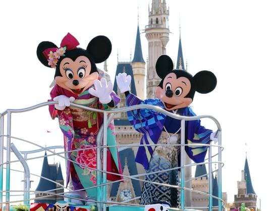 January 1, 2019, Urayasu, Japan - Disney characters Mickey and Minnie Mouse dressed in traditional kimono dresses, greet guests from a float during the theme park s annual New Year s Day parade at the Tokyo Disneyland in Urayasu, suburban Tokyo on Tuesday, January 1, 2019.  (94282174)