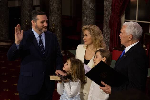 January 3, 2019 - Washington, DC, United States - Sen. Ted Cruz (R-TX), (L), with his daughters, Catherine and Caroline, and his wife, Heidi, participates in a ceremonial swearing-in ceremony with Vice President Mike Pence on Capitol Hill in Washington, D.C., on Thursday, January 3, 2019. Washington United States - ZUMAn230 20190103_zaa_n230_227 Copyright: xCherissxMayx