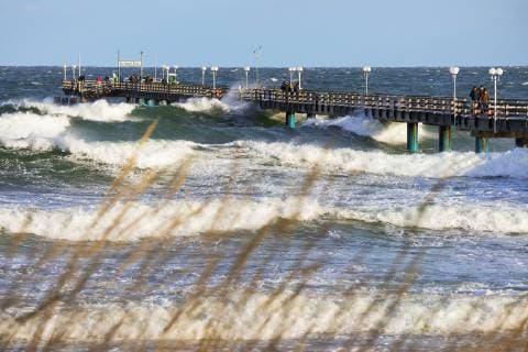 Europe Germany Mecklenburg-Western Pomerania Bridge at Binz during a storm on the Baltic Sea coast of the island of Rügen