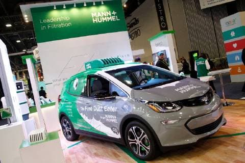 A car fitted with the Fine Dust Eater by Mann+Hummel on display during the 2019 International CES, at the Sands Convention Center in Las Vegas, Nevada, January 8, 2019. Introduced mainly for public transportation, the device is designed to filter fine dust pollution for city areas with high pollution.  LAV2019010833 JAMESxATOA