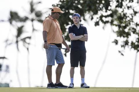 January 9, 2019 - Honolulu, Hawaii: Tom Holland who plays the role of Spider Man in the Avengers movie talks to his caddie on the 10th hole green during the Pro Am day before the Sony Open at Waialae Country Club in Honolulu, Hawaii. CSM Honolulu USA - ZUMAc04_ 38228253st Copyright: xGlennxYozax