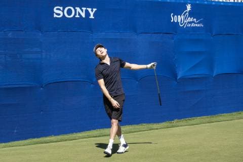 January 9, 2019 - Honolulu, Hawaii: Tom Holland who plays the role of Spider Man in the Avengers movie reacts to his missed birdie putt on the 18th hole during the Pro Am day before the Sony Open at Waialae Country Club in Honolulu, Hawaii. CSM Honolulu USA - ZUMAc04_ 38229136st Copyright: xGlennxYozax