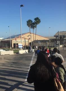 Pedestrians line up for U.S. immigration between Matamoros, Mexico and Brownsville, Texas on January 10, 2019, the day of President TrumpÕs visit to the Border in Brownsville, Texas.  MBX20190110208 PATRICKxTIMMONS