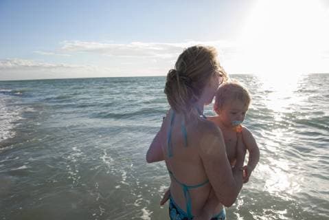 Mother wading in water with toddler boy  Copyright: JérômexGorin B37619430