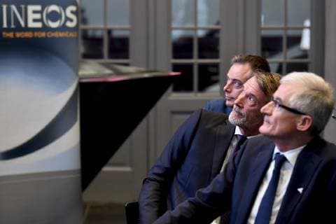 Antwerp Mayor Bart De Wever, INEOS Group chairman Sir Jim Ratcliffe and Flemish Minister President Geert Bourgeois pictured during the signing of an investment pact between chemicals group Ineos and the Antwerp harbor, Tuesday 15 January 2019 in Antwerp.  DIRKxWAEM 05509416