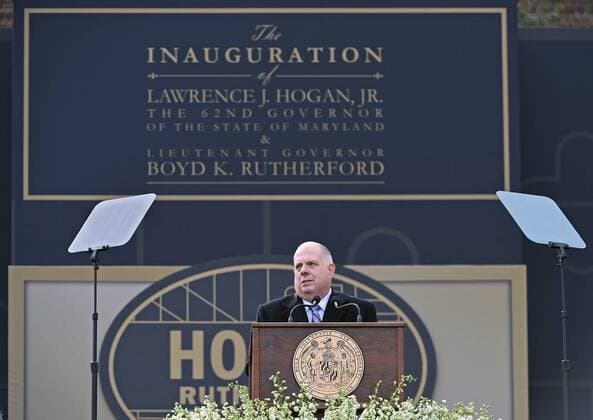 January 16, 2019 - Annapolis, MD, USA - Maryland Governor Larry Hogan gives his inaugural address outside the State House in Annapolis, Md., on Wednesday, Jan. 16, 2019. Annapolis USA - ZUMAm67_ 20190116_zaf_m67_017 Copyright: xKennethxK.xLamx