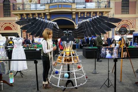 January 18, 2019 - London, United Kingdom - A woman is seen at the Steam of Steampunk stand at annual London Model Engineering Exhibition at Alexandra Palace, north London. Over 50 clubs and societies are exhibiting full spectrum of modelling from traditional model engineering, steam locomotives and traction engines through to the more modern gadgets including trucks, boats, aeroplanes and helicoptersÃäwith nearly 2,000 models constructed by their members. London United Kingdom - ZUMAs197 20190118_zaa_s197_066 Copyright: xDinendraxHariax