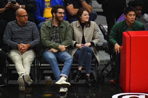 LOS ANGELES, CA - JANUARY 18: Actress Emma Stone and her boyfriend Dave McCary look on during a NBA game between the Golden State Warriors and the Los Angeles Clippers on January 18, 2019 at STAPLES Center in Los Angeles, CA. (Photo by Brian Rothmuller Icon Sportswire) 313688