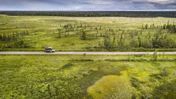 drone photo aerial photo motorhome Ford Ranger with construction Oman on gravel road in the wetland moor with boreal arctic conifers Sodankylä Lapland Finland Europe Copyright: imageBROKER/GerhardxZwerger-Schoner ibxgzs04820358.jpg