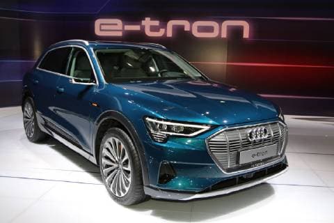 Audi e tron in front of e tron lettering 97 European Motor Show Brussels Salon Auto Moto Van 19 27 01 2019 Press day 18 01 2019 Brussels Belgium Motor Show Brussels Expo Heysel