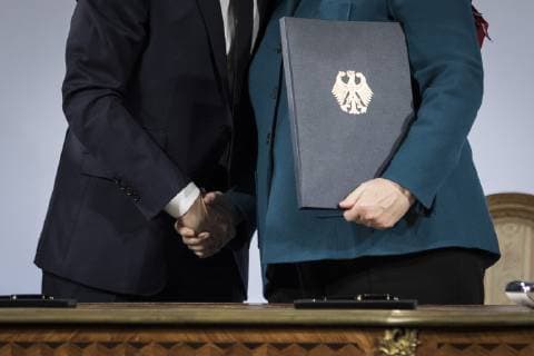 President of France Emmanuel Macron L and Chancellor Angela Merkel CDU received at the signing of the Treaty between the Federal Republic of Germany and the French Republic on Cooperation and Integration Treaty of Aachen in Aachen 22 01 2019 Aachen Germany Copyright: xFlorianxGaertner photothek.netx