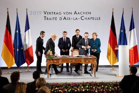 Jean Yves Le Drian Emmanuel Macron Angela Merkel and Heiko Maas at the renewal of the German-French friendship contract in the Aachen City Hall 22 01 2019 Foto:xR.xSchmiegeltx xFuturexImage
