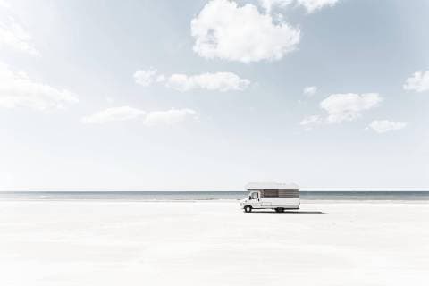 White camper at the beach of Blavand municipality Varde region South Denmark Denmark Europe Copyright: imageBROKER/RalfxWilken ibxrwi04817418.jpg