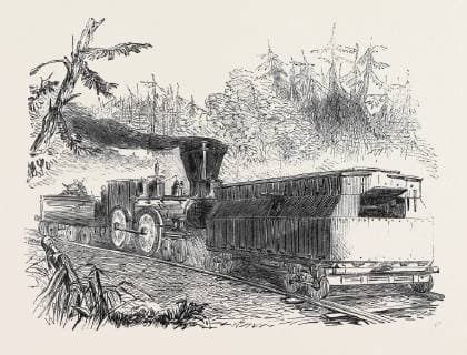 Iron Car Battery on the Philadelphia Railway 1861 Railroad Battery the Determination of the Federal Government to Reconstruct the Bridges on the Philadelphia Wilmington and Baltimore Railroad Destroyed by a Mob from Baltimore Has Led to the Construction of a Railroad Battery by the Federal Government at the Locomotive Works of Baldwin and Co. Philadelphia. One of the Long Platform Baggage Cars Has Been Fixed with Sides and Top of Thick Sheet Iron the Sides Having Portholes and Loopholes for Musketry. The Carriage for the Gun is So Constructed that It Can Be Fired at Any Angle and from Any One of the Portholes in the Sides and End of the Car. In Place of Shot or Shell from the Cannon Pieces of Iron Punched from Locomotive Boilers Will Be Used As Loads. This Car is to Be Placed in Front of a Locomotive with Fifty Men Inside Armed with MiniÃ  Copyright: LC110411_1152_1