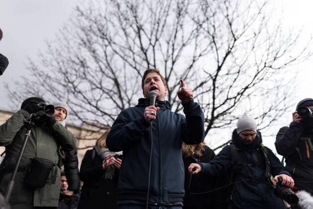 The federal chairman of the Jusos Kevin Kuehnert SPD speaks during the weekly demonstration Fridays for Future on 25 01 2019 in Berlin Germany Every Friday since December, students from all over the world have been protesting for effective measures against climate change for climate protection and a phase-out of coal-fired power generation.