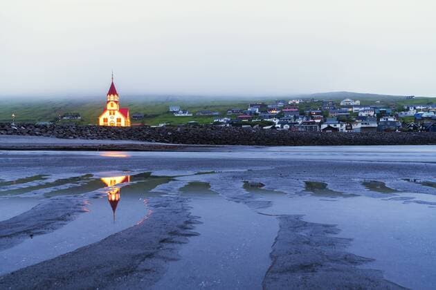 Church of Sandavagur at dusk, Vagar island, Faroe Islands, Denmark, Europe Copyright: RobertoxMoiola 1179-3633