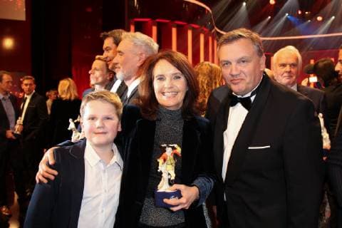 Caroline Link with Julius Weckauf and Hape Kerkeling Award of the Bavarian Film Prize 2019 in the Prinzrengententheater in Munich on 25 01 2018