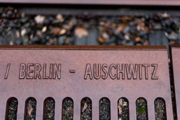 Berlin Auschwitz stands at the memorial Gleis 17 on 27 01 2019 at S Bahnhof Grunewald in Berlin Germany Since 1996, January 27 has been a nationwide legal day of remembrance in Germa