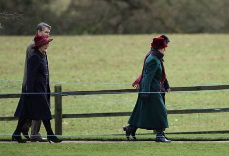 Princess Royal (Princess Anne), right, and husband Sir Tim Laurence (back left), joined HM Queen Elizabeth II as she attended the St. Mary Magdalene Church Sunday morning service, in Sandringham, Norfolk, on January 27, 2019. 