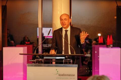 Laudator Klaus Dohle Chairman of the Advisory Board of Dohle Handelsgruppe at the presentation of the ISM Award in Skytower at the Koelnmesse trade fair in Cologne