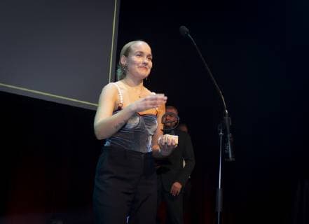 Jessica Dinnage receives a Robert for best female supporting role for her role in Den Skæld at the ceremony in Copenhagen Harbor Sunday February 3, 2019 Copenhagen Denmark,  Copyright: Scanpix LiselottexSabroex COP102 spdk20190203-192330-L