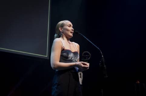 Jessica Dinnage receives a Robert for best female supporting role for her role in Den Skæld at the ceremony in Copenhagen Harbor Sunday February 3, 2019 Copenhagen Denmark,  Copyright: Scanpix LiselottexSabroex COP102 spdk20190203-194118-L