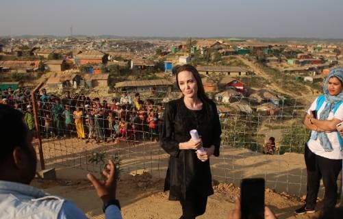 February 5, 2019 - Cox S Bazar, Bangladesh - US actress, filmmaker and humanitarian Angelina Jolie, a special envoy for the United Nations High Commissioner for Refugees (UNHCR), addresses a press conference after her visit to the Kutupalong camp for Rohingya refugees in Ukhia in southern Bangladesh on February 5, 2019. - Hollywood superstar Angelina Jolie visited a Rohingya refugee camp in Bangladesh on February 5 ahead of a new UN appeal for nearly one billion dollars to look after the refugee influx. Cox S Bazar Bangladesh  - ZUMAn230 20190205_zaa_n230_133 Copyright: xSonyxRamanyx