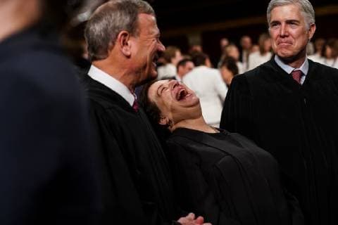 Supreme Court Justices John Roberts, Elena Kagan and Neil Gorsuch share a moment at the State of the Union address at the Capitol in Washington, DC on February 5, 2019.  WAX20190205265 DOUGxMILLS