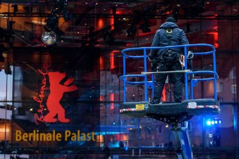 Laying of the red carpet which was produced this year in an environmentally friendly way in front of the Berlinale Palast at Potsdamer Platz on the occasion of the 69th International Film Festival Berlin snapshot photography F Boillot