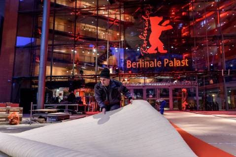 Laying of the red carpet which was produced this year in an environmentally friendly way in front of the Berlinale Palast at Potsdamer Platz on the occasion of the 69th International Film Festival Berlin snapshot photography F Boillot